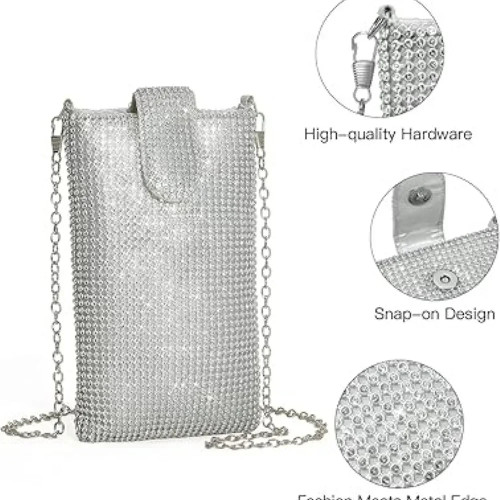 Phone Purse Sparkling‎ Women's Evening Crossbody Bag Rhinestone Silver w Chain